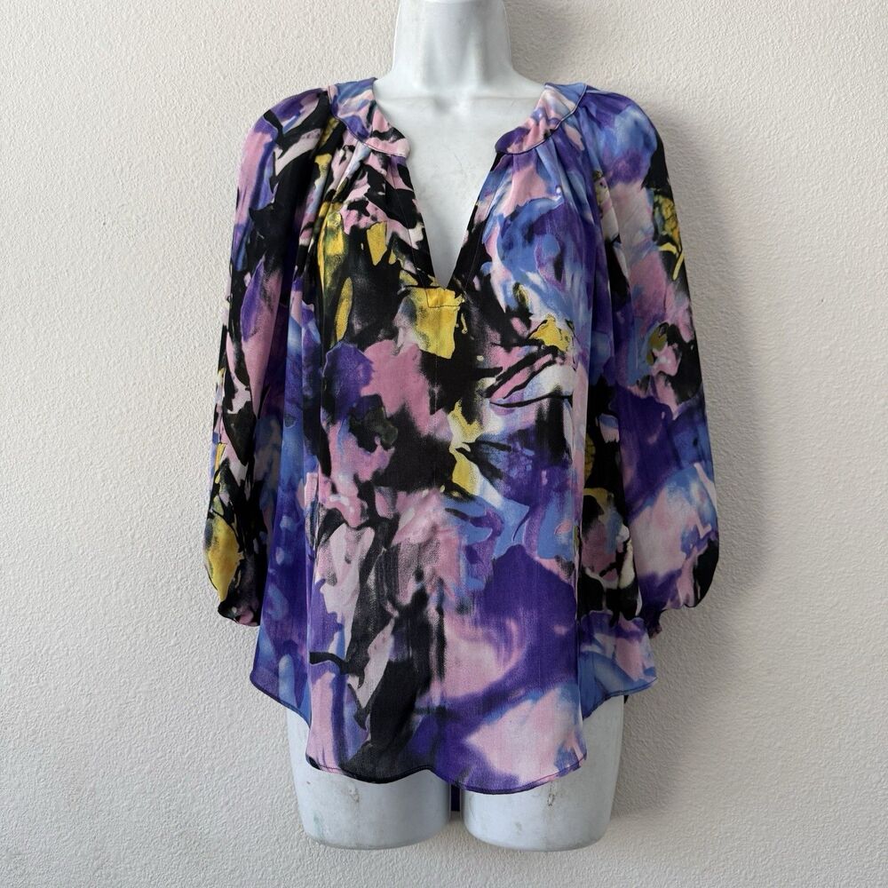 Black Halo Abstract Boho Blouse Size 4 Floral V-Neck Chiffon Watercolor Purple